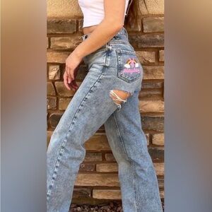 Playboy Bunny '90s Over the Rainbow Boyfriend High Rise Ripped Butt Jeans